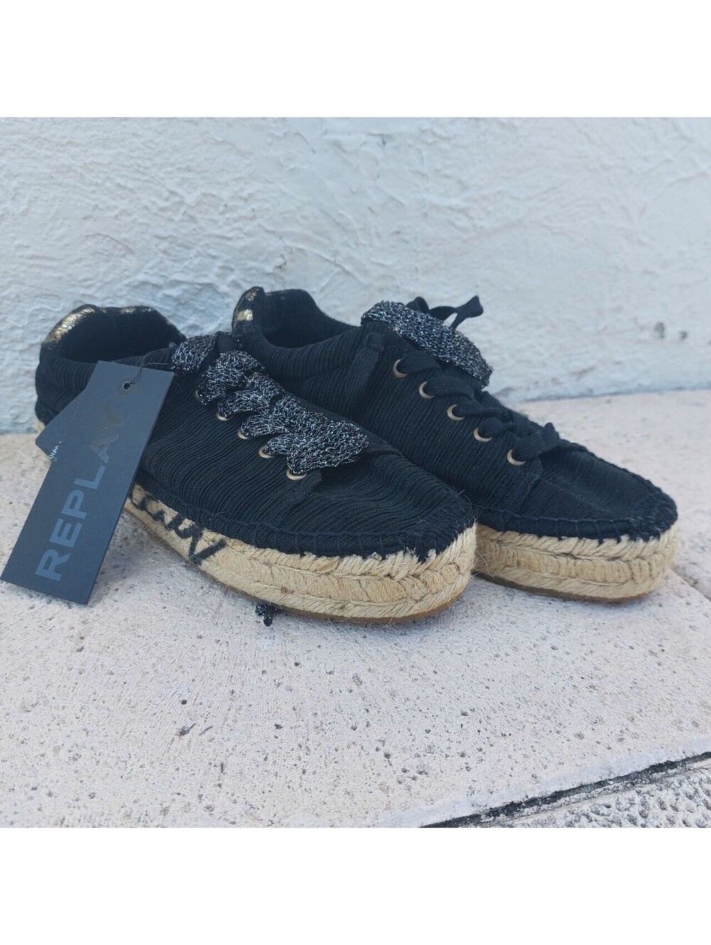 Replay Limited Edition Black Espadrilles Platform Flats 5.5 Rope Sole Women NWT